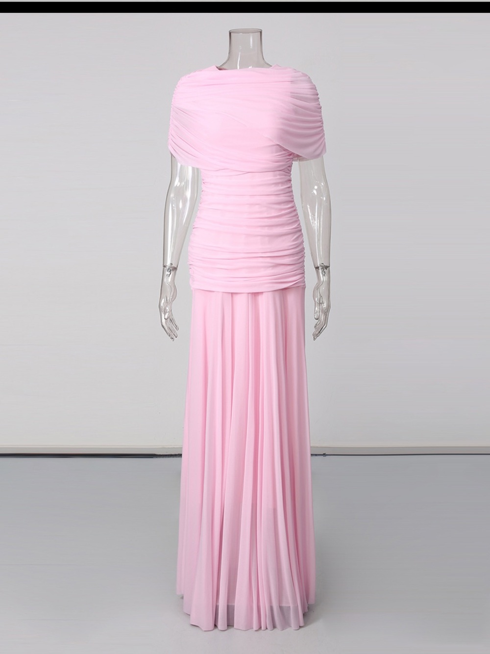 Soft Pink Ruched Maxi Dress with Draped Bodice